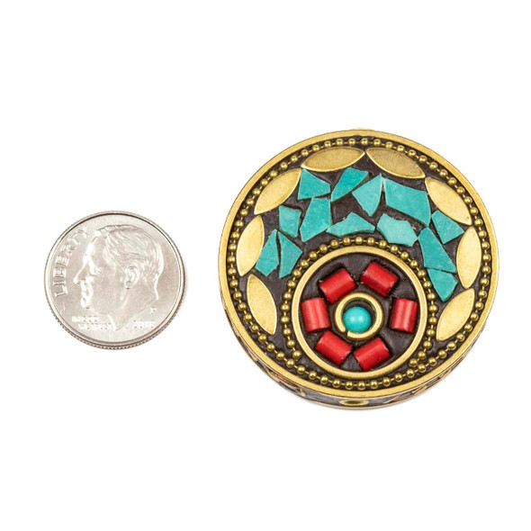 Tibetan Brass 335mm Oval Bead with Brass Marquis and Red Coral and Turquoise Howlite Inlay - 1 per bag