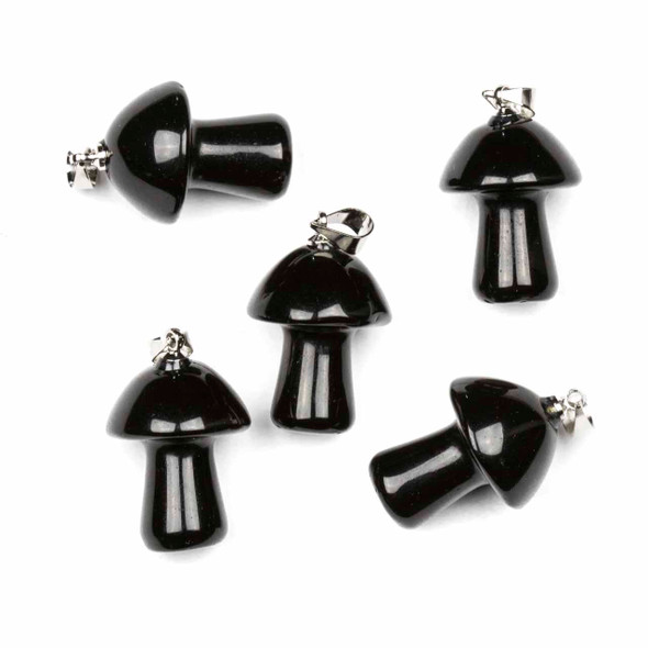 Black Obsidian 16x20mm Mushroom Pendant with Silver Loop and 3x6mm Bail - 1 per bag