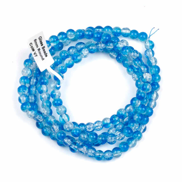 Crackle Glass 6mm Bright Blue Round Beads - color #V7, 30 inch strand