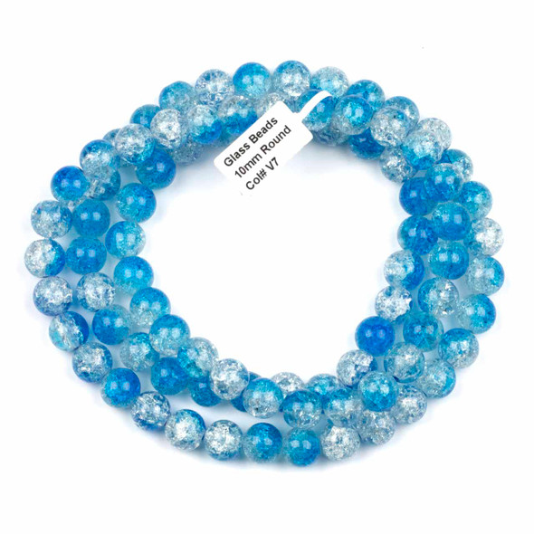 Crackle Glass 10mm Bright Blue Round Beads - color #V7, 30 inch strand