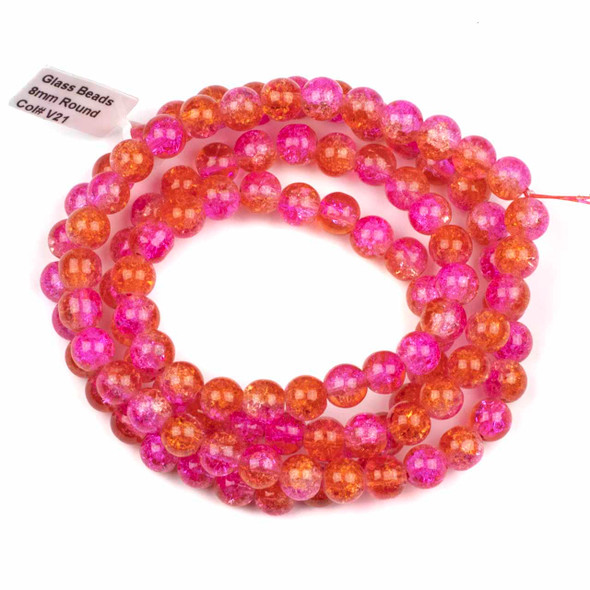Crackle Glass 8mm Pink & Orange Round Beads - color #V21, 30 inch strand