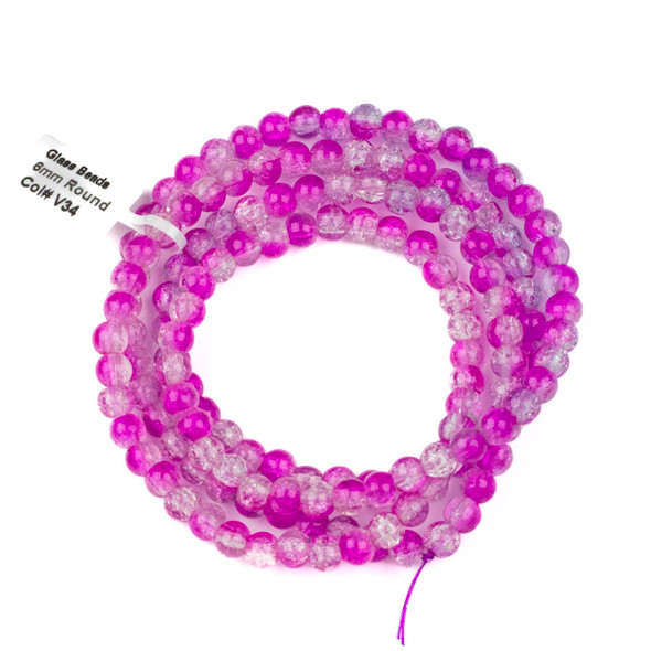 Crackle Glass 6mm Hot Pink & Blue Round Beads - color #V34, 30 inch strand