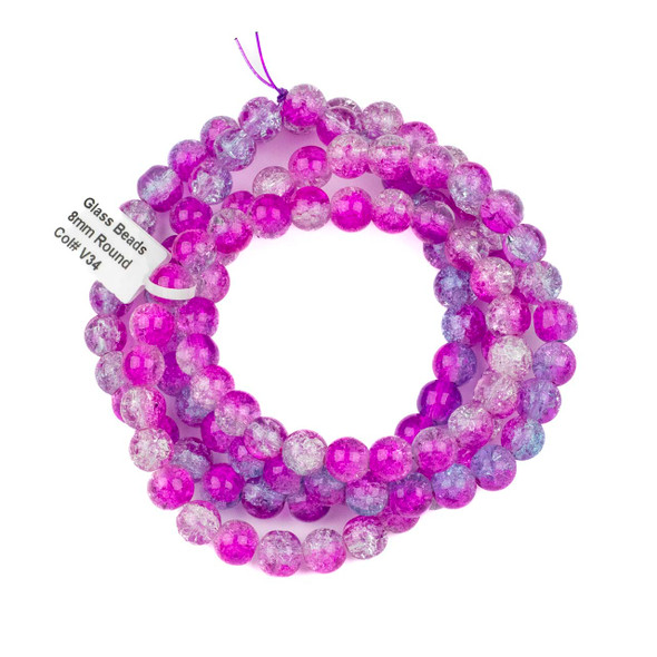 Crackle Glass 8mm Hot Pink & Blue Round Beads - color #V34, 30 inch strand
