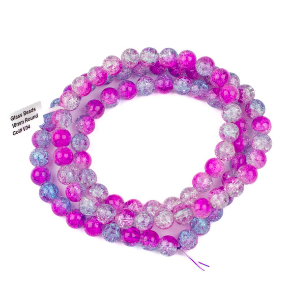 Crackle Glass 10mm Hot Pink & Blue Round Beads - color #V34, 30 inch strand