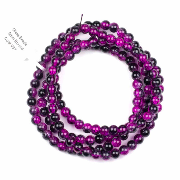 Crackle Glass 6mm Hot Pink & Black Round Beads - color #V37, 30 inch strand