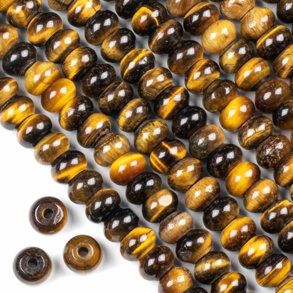Large Hole Yellow Tigereye 6x10mm Rondelle Beads with 2.5mm Drilled Hole - approx. 8 inch strand