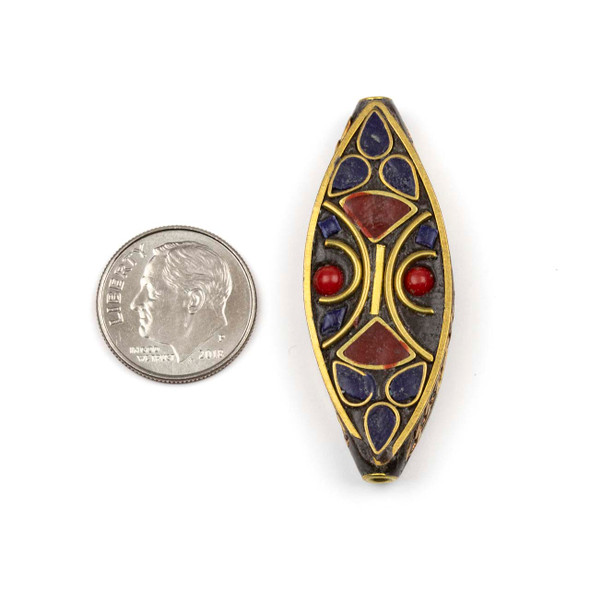 Tibetan Brass 17x42mm Marquis Focal Bead with Triangles, Lapis, and Red Coral Inlay - 1 per bag
