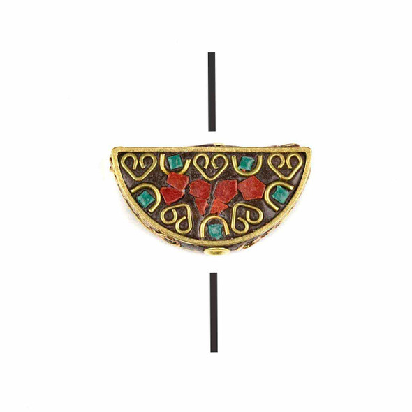 Cherry Tree Beads Tibetan Brass 15x30mm Vertical Drilled Fan Bead with Hearts and Red Coral Center Inlay  - 1 per bag 
