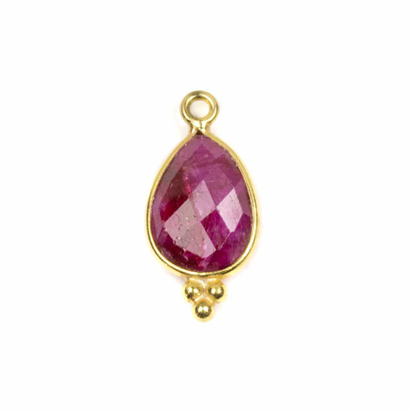 Ruby 10x21mm Faceted Teardrop Drop with Gold Vermeil Bezel and 3 Tiny Dots - 1 per bag