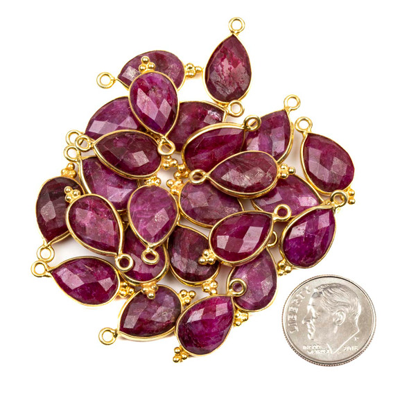 Ruby 10x21mm Faceted Teardrop Drop with Gold Vermeil Bezel and 3 Tiny Dots - 1 per bag