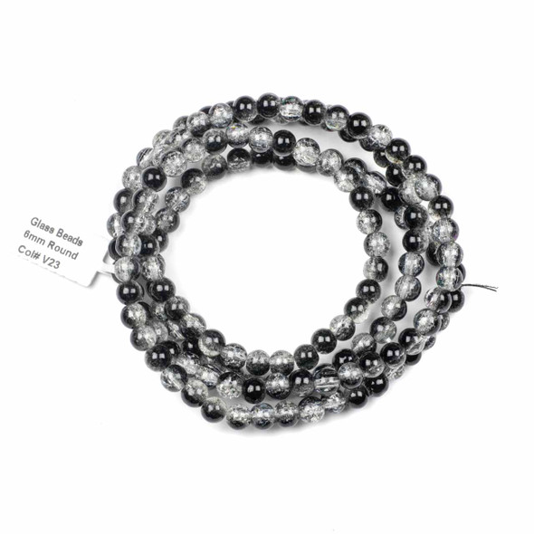 Crackle Glass 6mm Black Round Beads - color #V23, 30 inch strand
