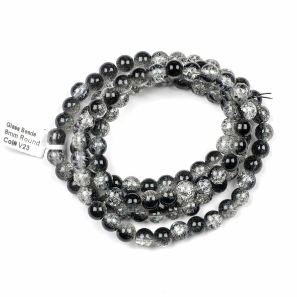 Crackle Glass 8mm Black Round Beads - color #V23, 30 inch strand