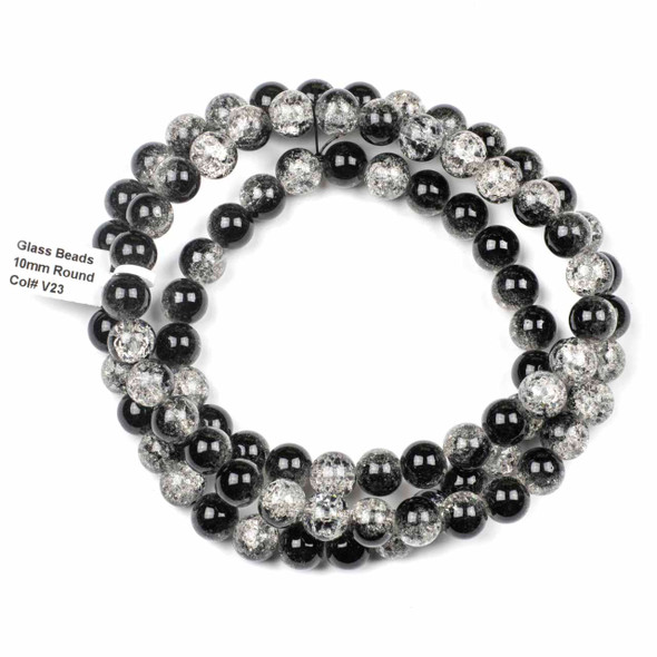 Crackle Glass 10mm Black Round Beads - color #V23, 30 inch strand