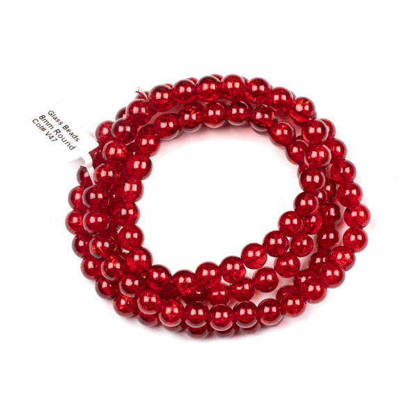 Crackle Glass 8mm Red Round Beads - color #V47, 30 inch strand