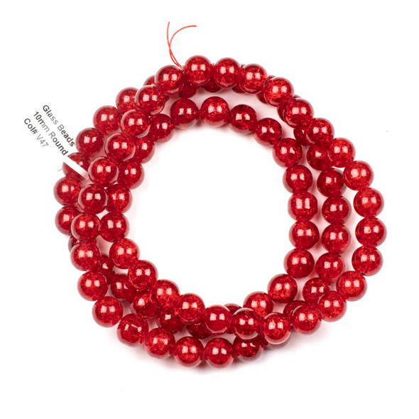 Crackle Glass 10mm Red Round Beads - color #V47, 30 inch strand