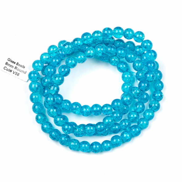 Crackle Glass 8mm Turquoise Blue Round Beads - color #V56, 30 inch strand