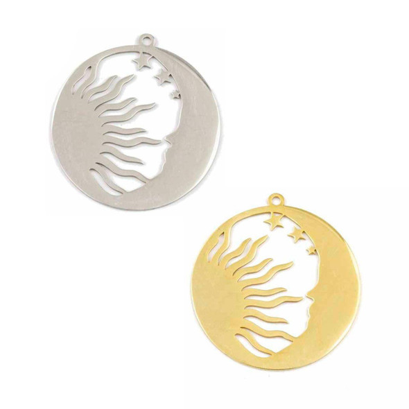 Cherry Tree Beads 304 Stainless Steel 30x32mm Coin Components with Bright Sun, Crescent Moon, & Tiny Stars - 2 per bag 