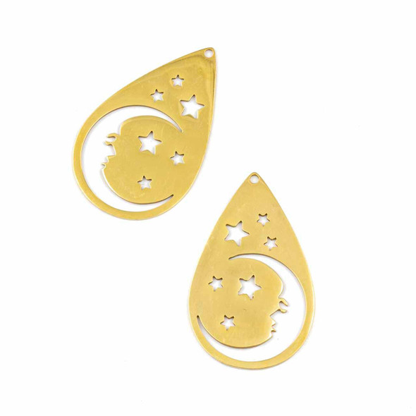 Cherry Tree Beads 18k Gold Plated Stainless Steel 23x37mm Teardrop Components with Crescent Moon Face & Stars - 2 per bag 