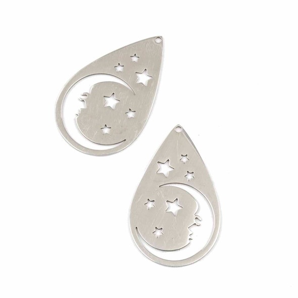 Natural Silver Stainless Steel 23x37mm Teardrop Components with Crescent Moon Face & Stars - 2 per bag