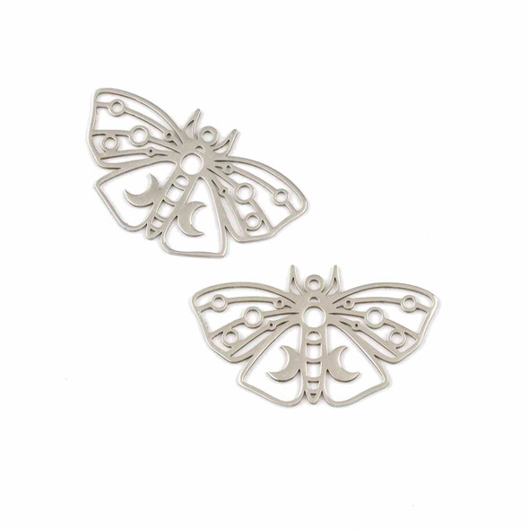 Natural Silver Stainless Steel 20.5x36mm Luna Moth Components with 2 Moons - 2 per bag