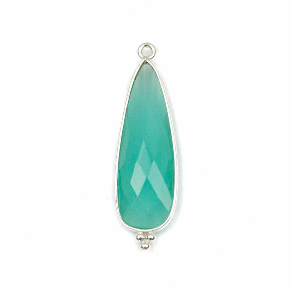 Aqua Chalcedony 11x37mm Faceted Long Teardrop Drop with Sterling Silver Bezel and 3 Tiny Dots - 1 piece