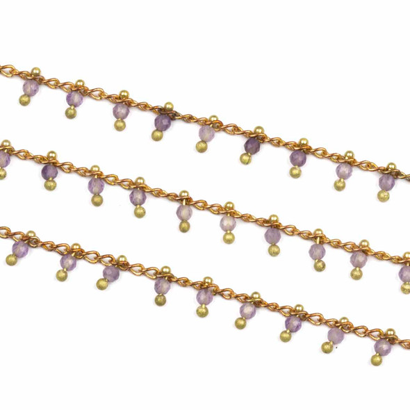 Brass Dangle Chain with Amethyst 2mm Faceted Round Beads - 1 meter