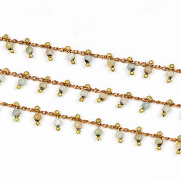Raw Brass Dangle Chain with Amazonite 2mm Faceted Round Beads - 5 meter spool