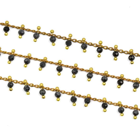 Brass Dangle Chain with Black Obsidian 2mm Faceted Round Beads - 5 meter spool