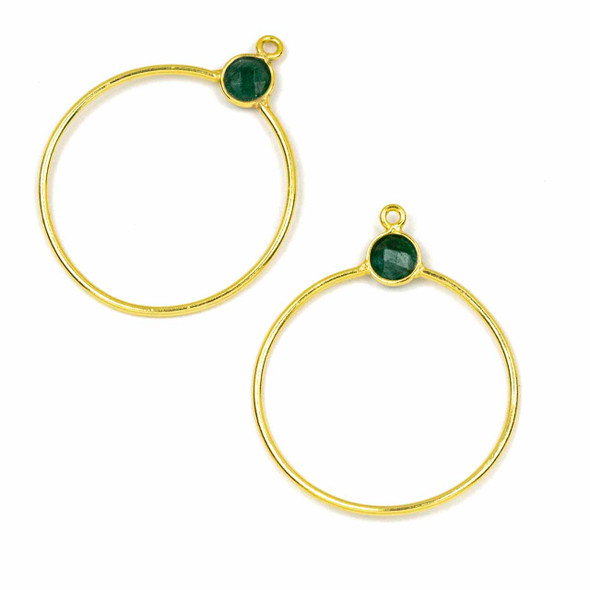 Gold Vermeil 33x42mm Hoops with 7mm Emerald Bezeled Coin - 2 pieces