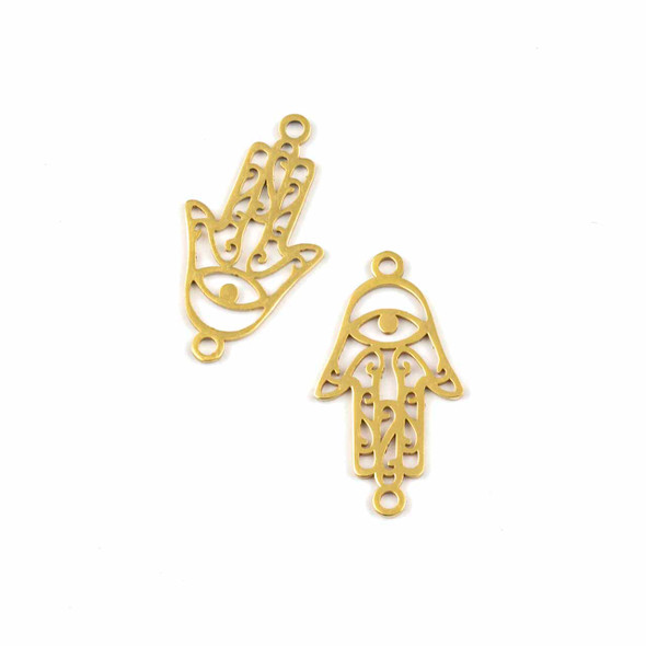 18k Gold Plated Stainless Steel 13x23mm Hamsa Link Components with 2 Loops - 2 per bag