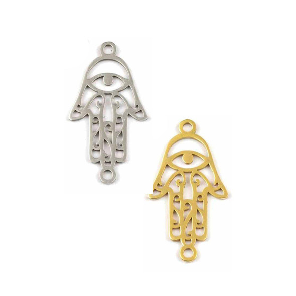 Cherry Tree Beads 304 Stainless Steel 13x23mm Hamsa Link Components with 2 Loops - 2 per bag 