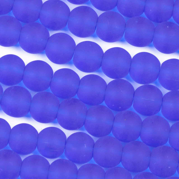 Matte Glass, Sea Glass Style 8mm Medium Cobalt Blue Round Beads - 15 inch strand