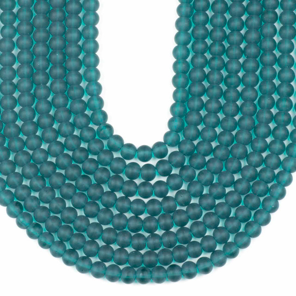 Matte Glass, Sea Glass Style 8mm Peacock Green Round Beads - 15 inch strand