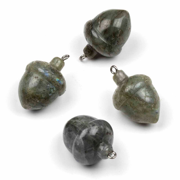 Blue Labradorite 19x25mm Carved Acorn Pendant with a 4mm Stainless Steel Loop - 1 piece
