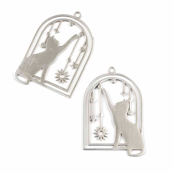 Natural Silver Stainless Steel 22x32mm Playful Cat Components - 2 per bag