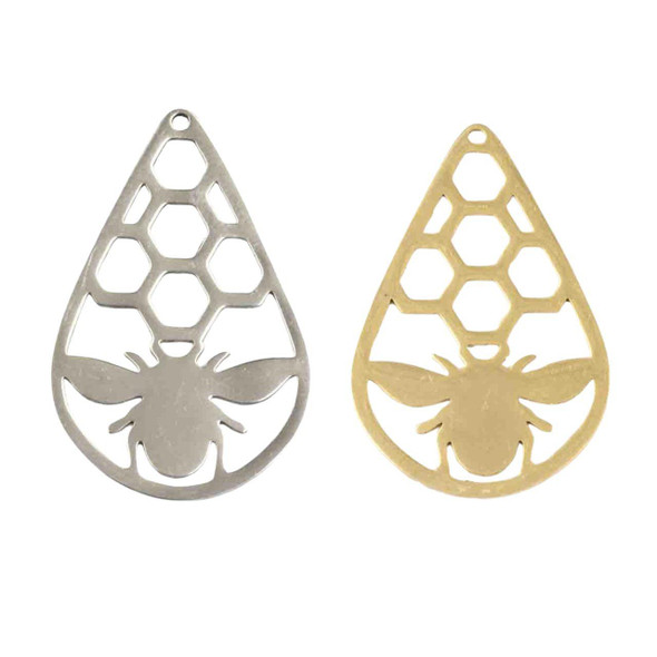 Cherry Tree Beads 304 Stainless Steel 24.5x37mm Honey Bee in Honeycomb Teardrop Components - 2 per bag 