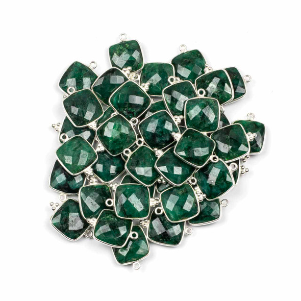 Emerald 11x20mm Faceted Square Drop with Sterling Silver Bezel and 3 Tiny Dots - 1 per bag
