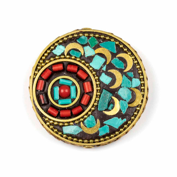 Tibetan Brass 44mm Coin Focal Bead with Turquoise Howlite and Red Coral Inlay and Crescent Moons - 1 per bag