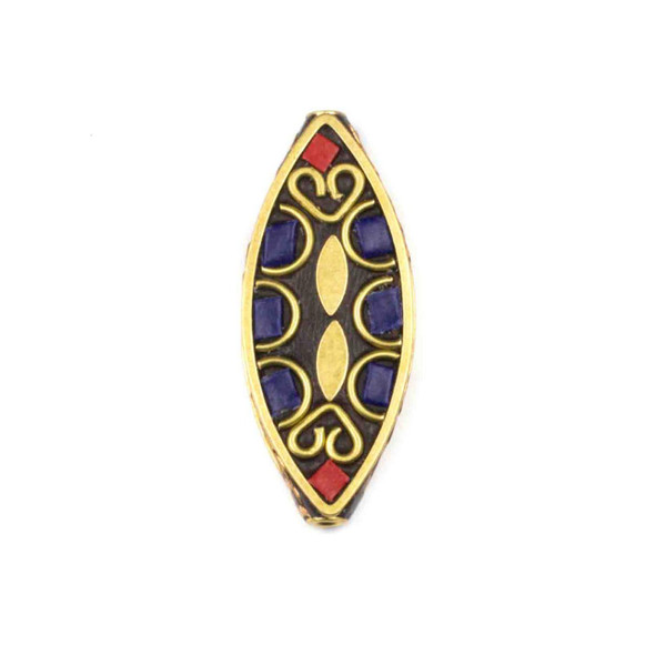 Cherry Tree Beads Tibetan Brass 17x42mm Marquise Focal Bead with Hearts, Lapis, and Red Coral Inlay - 1 per bag