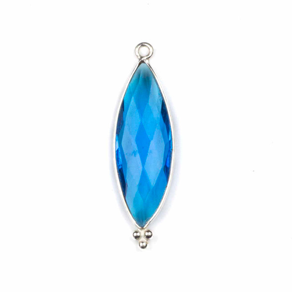 London Blue Quartz 11x37mm Faceted Marquis Drop with Sterling Silver Bezel and 3 Tiny Dots - 1 piece