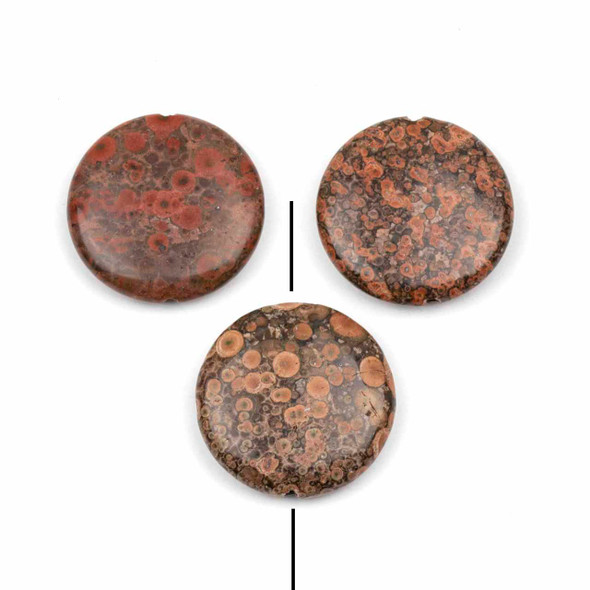 Red Orbicular Jasper 30mm Through Drilled Coin Pendant - 1 per bag
