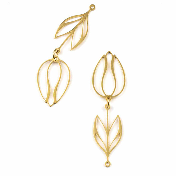18k Gold Plated Stainless Steel 14x21mm Flower Bud and 12x26mm Leaf Dangle Components - 2 per bag