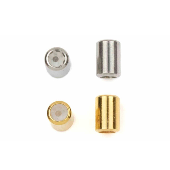 Close-up view of 304 Stainless Steel 4x6mm Tube Slide Clasps in both Stainless Steel and 18k Gold Plated finishes, showing the smooth tube design and internal rubber grommet for holding jewelry cords securely.
