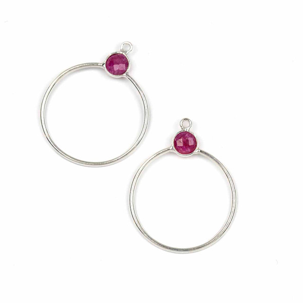 Sterling Silver 28x36mm Hoop Components with 7mm Ruby Bezeled Coin - 2 pieces