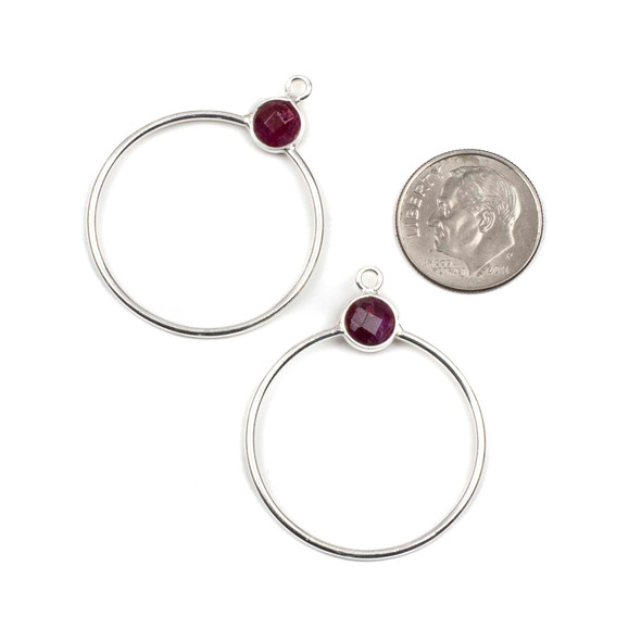 Sterling Silver 28x36mm Hoop Components with 7mm Ruby Bezeled Coin - 2 pieces