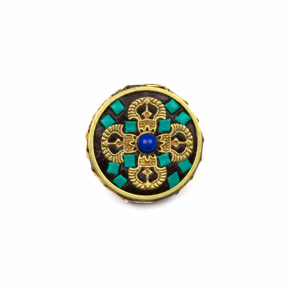 Tibetan Brass 22mm Coin Bead with Brass, Turquoise Howlite, and Lapis Inlay - 1 per bag