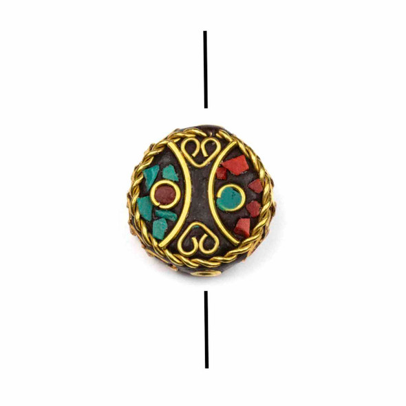 Tibetan Brass 22mm Coin Bead with Brass Hearts, Circles, and Semi Circles and Turquoise Howlite and Red Coral Inlay - 1 per bag