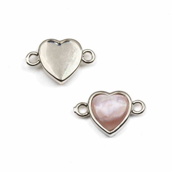Pink Shell 11x17mm Tiny Heart Horizontal Link with Silver Plated Bezel and Loops - 1 piece