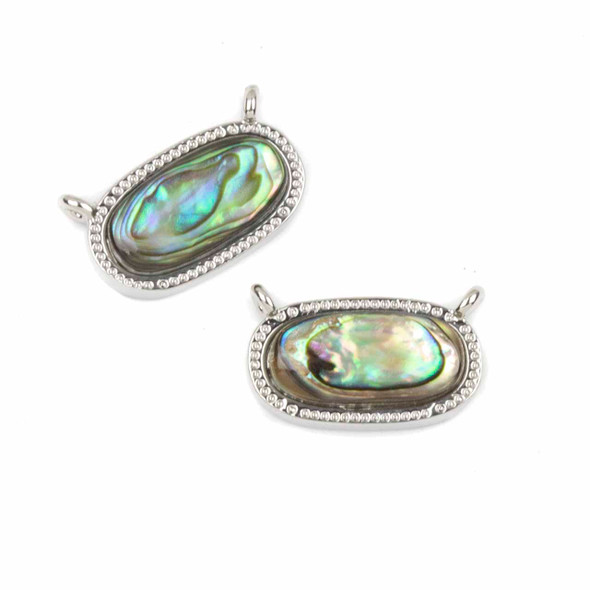 Abalone Paua Shell 9x16mm Tiny Oval Pendant Drop with Silver Plated Fancy Bezel and Loops at the top - 1 piece