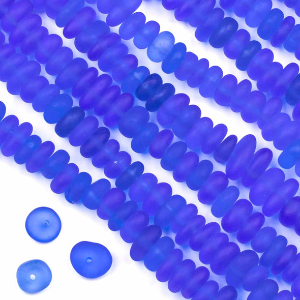 Matte Glass, Sea Glass Style Small 7-11mm and 4-5mm Thick Medium Cobalt Blue Pebble Beads - 8 inch strand